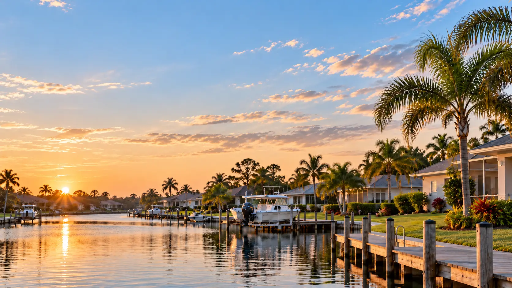 Conceptual waterfront community with homes, docks, boats, and palm trees